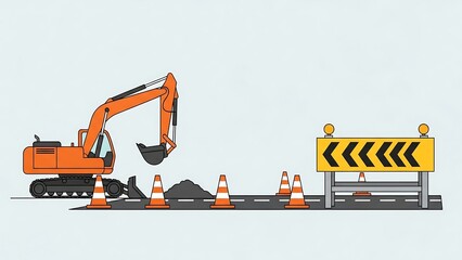 Road construction scene with excavator and safety barriers.