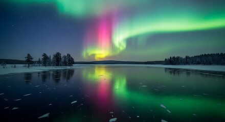 Spectacular Aurora Borealis Display Over Tranquil Lake in Lapland, Finland.