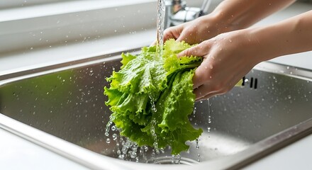 Washing Fresh Green Lettuce in a Stainless Steel Sink.