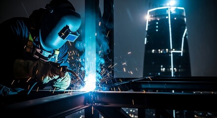 Welder at work with bright sparks and protective gear.