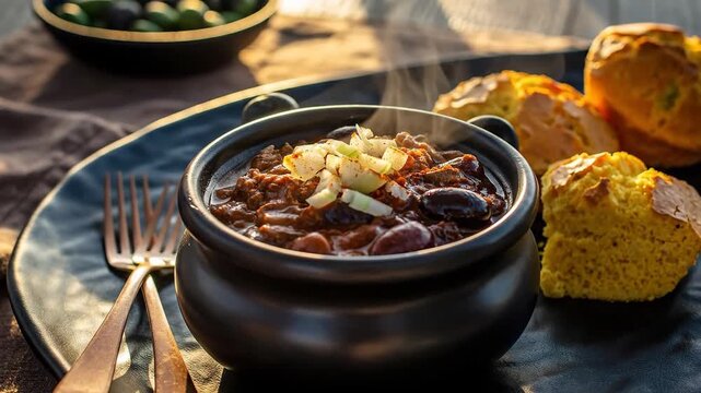 Close-Up of a Hearty Chili with Cornbread on a Black Plate Warm Tones Soft Lighting Culinary Delight