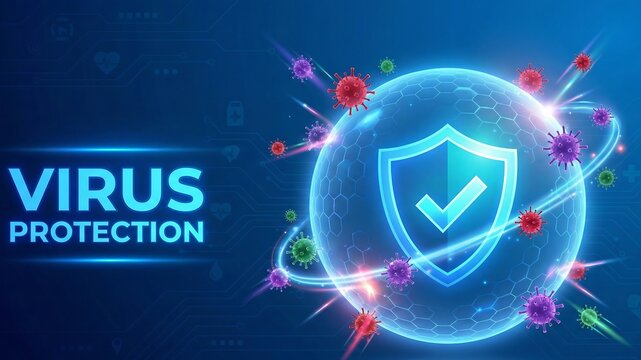 Virus protection. Healthcare. Vaccination. Virus cell. Antibiotic. Protection shield with Check mark icon inside transparent sphere shield with hexagon pattern  blue background Vector illustration ai