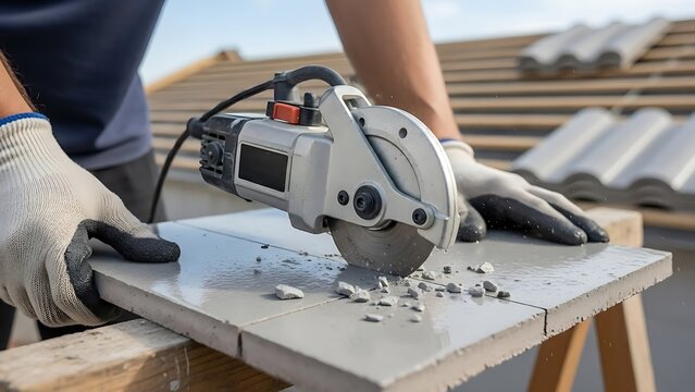 Craftsman cuts tiles with a professional circular saw on a construction site