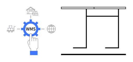 Logistics, inventory control, supply chain, digital tools, warehouse systems, process automation. Gear diagram with icons of warehouse, globe and forklift. Logistics and inventory control