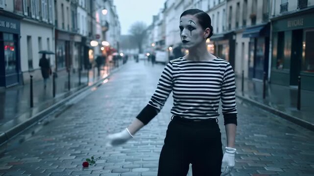 Melancholic female mime artist with white face paint performing pantomime gestures on a wet cobblestone street near a red rose, illustrating theatrical art concepts.