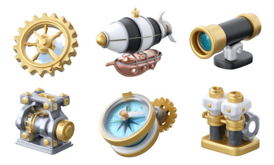 Steampunk Inventions Collection with Gears, Airship, Telescope, and Compass