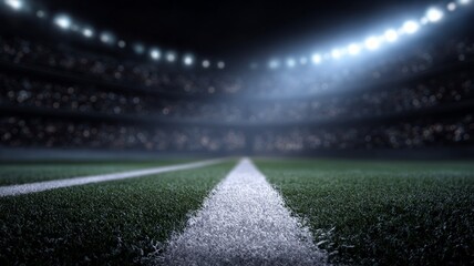 Illuminated football field at night with central line perspective. AI generated