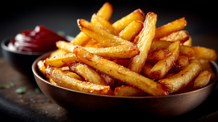 Golden crispy french fries served in a bowl with ketchup.
