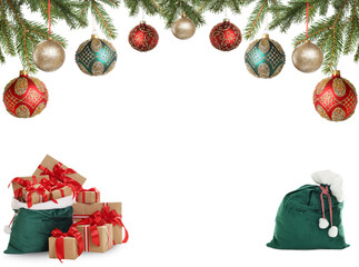 Merry Christmas and Happy winter holidays greeting card. Festive balls hanging from fir tree branches and Santa bags with gift boxes on white background