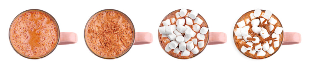 Tasty hot cocoa with marshmallows and chocolate shavings in cup isolated on white, collection. Top view