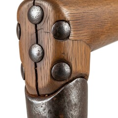 Rustic connection detail between wood and metal with visible aging signs