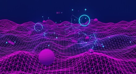Vibrant abstract digital landscape with glowing neon purple and blue grid, floating geometric shapes, and interconnected lines, evoking futuristic technology and data visualization concepts