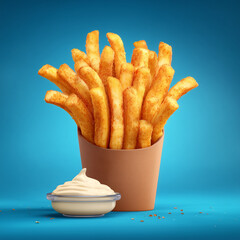 Golden french fries in a paper cup with creamy mayonnaise.