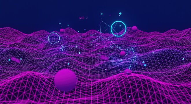 Vibrant abstract digital landscape with glowing neon purple and blue grid, floating geometric shapes, and interconnected lines, evoking futuristic technology and data visualization concepts - Powered by Adobe
