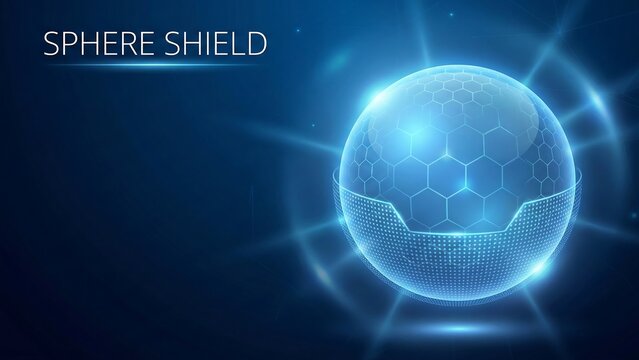 Glass transparent protection sphere shield. Sphere shield with hexagon pattern on blue background. Bubble shield in the form of a force energy field. Protection and safety concept. Vector illustration