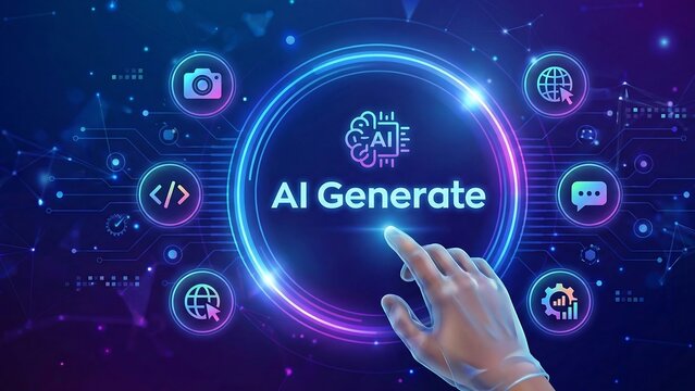 Generate with AI button. Artificial intelligence and Machine learning technology concept. AI enters by command prompt to generate ideas. Hand about to press a Generate AI button. Vector illustration 