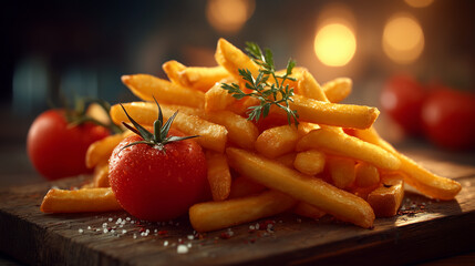 Crispy golden fries served with fresh tomatoes on a rustic board.