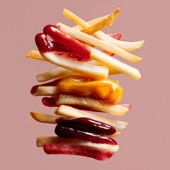 Crispy french fries are neatly stacked with dollops of various colorful sauces.