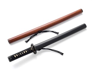 Two traditional Japanese swords, tsuba, and handles
