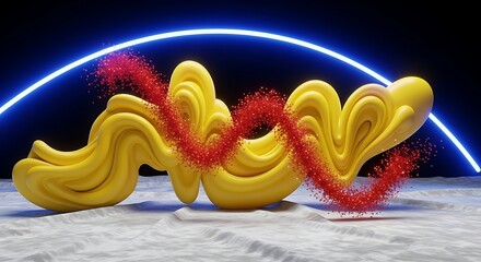 Stylized yellow fluid form with red particle stream and neon arch
