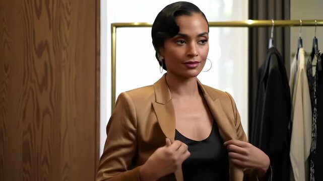 Elegant woman trying on a camel blazer in a luxury boutique, adjusting the lapel with confidence for a fashion retail concept.