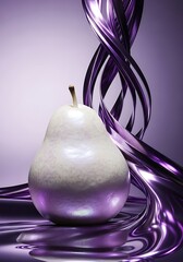 Surreal pear presentation with lustrous drapery, abstract composition