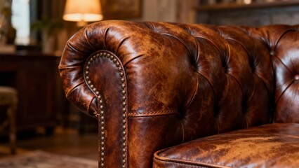 Fototapeta premium Rustic luxurious vintage leather texture with rich brown tones and stitching