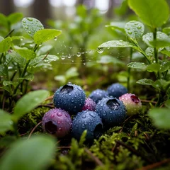 Lush blueberries glistened with morning dew nestled in green foliage © Suroju