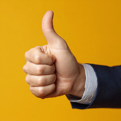 A businessman's hand gives a positive thumbs-up on a vibrant yellow background.