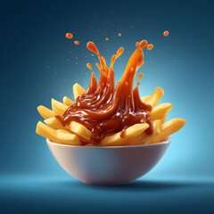 Delicious golden french fries in a bowl with an exciting sauce splash.