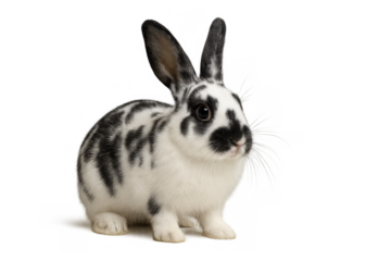 Domestic rabbit, cute black and white spotted bunny looking at camera, standing with transparent background, pet animal concept