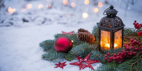 A festive winter scene with a glowing lantern and christmas decorations