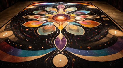 Navajo sand painting, intricate designs with colored sands, depicting creation myths, sand grains shimmer like individual stars, ceremonial lighting