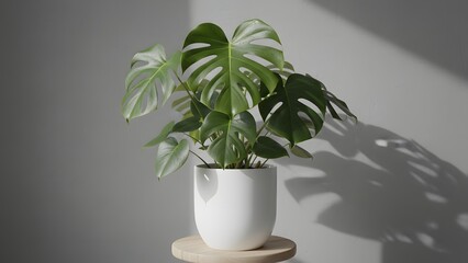 Vibrant healthy monstera deliciosa plant displayed in simple white ceramic pot indoors