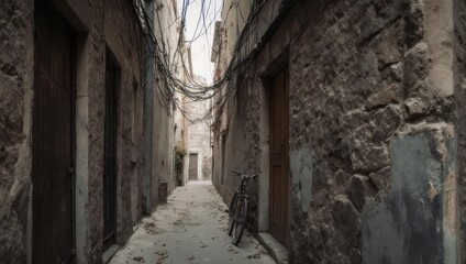 Obraz premium Narrow Alleyway with Ancient Stone Walls and Overhead Cables.