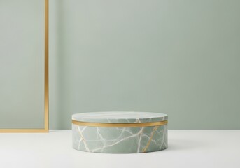 Elegant light green marble podium with golden ring detail: Minimalistic presentation background mockup