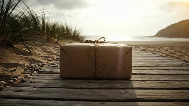 A mysterious package on a wooden boardwalk leading to a serene ocean beach at sunset.