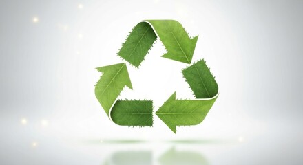 Green recycle symbol made of leaves on white with bokeh light effect background