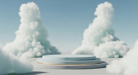 Pastel blue double-tiered platform surrounded by abstract cotton clouds: Minimalist product presentation