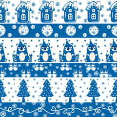 Seamless Blue and White Christmas Pattern Borders Set with Cute Bears, Gingerbread Houses, Snowmen, Trees, and Snowflakes Vector Illustration