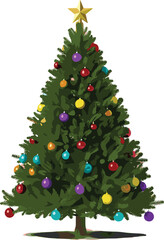 Decorated Christmas tree vector, festive holiday illustration with colorful ornaments, golden star, seasonal celebration, winter decoration, traditional symbol