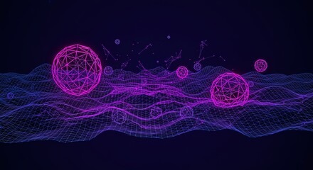Abstract Geometric Spheres Floating on a Wavy Digital Grid with Neon Glow