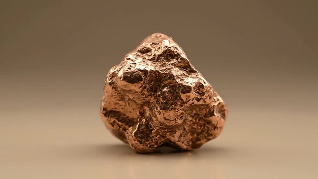 A single piece of raw native copper slowly rotating, showcasing its metallic texture and luster against a neutral background.