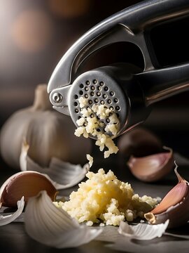 Garlic press in action, mincing fresh cloves for culinary preparation