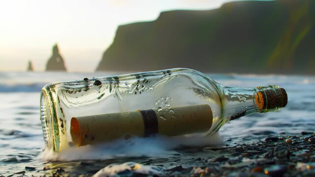Cinematic message in a bottle containing a rolled scroll on a black pebble beach with crashing ocean waves, symbolizing hope and communication concepts.