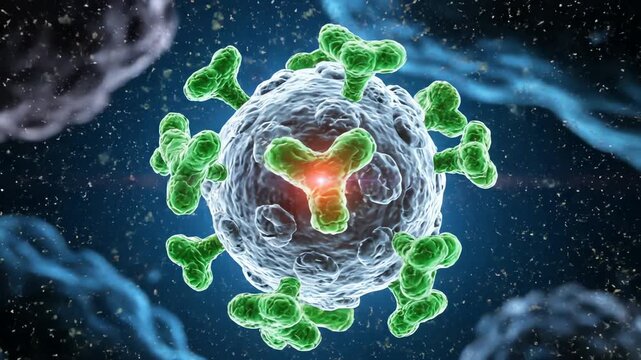 A 3D animation of antibodies attacking a virus or pathogen, illustrating the immune system response at a microscopic level.