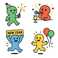 Fototapeta premium Happy colorful characters celebrating New Year with party hat, sparkler and balloons