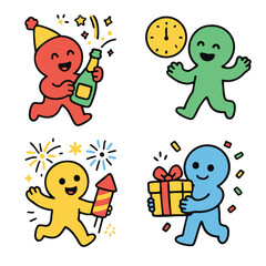 Party characters celebrating with champagne, clock, fireworks and gift in cheerful scene