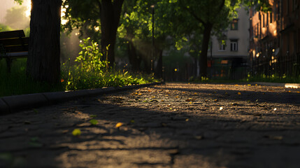 Cobblestone Path with Scattered Leaves and Sunlight in Urban Park.