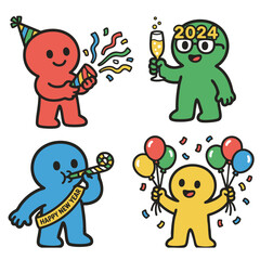 Happy colorful cartoon characters celebrating New Year with balloons confetti and cheers
